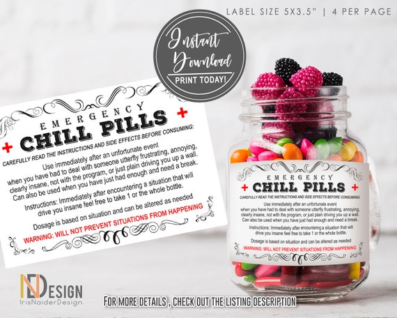 Chill pills, Co-worker gift, father's day, boss's day gift, candy label, christmas gift, funny quote, manager, printable, instant download