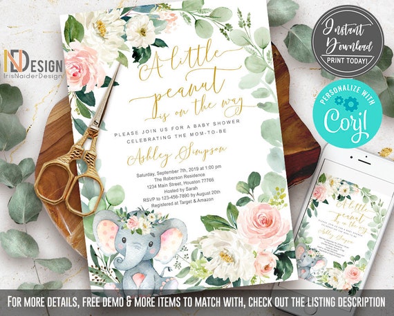 EDITABLE Elephant Baby Shower Invitation girl, Safari, Floral, printable set, boho, watercolor invitation, Little peanut, INSTANT DOWNLOAD Il_570xn