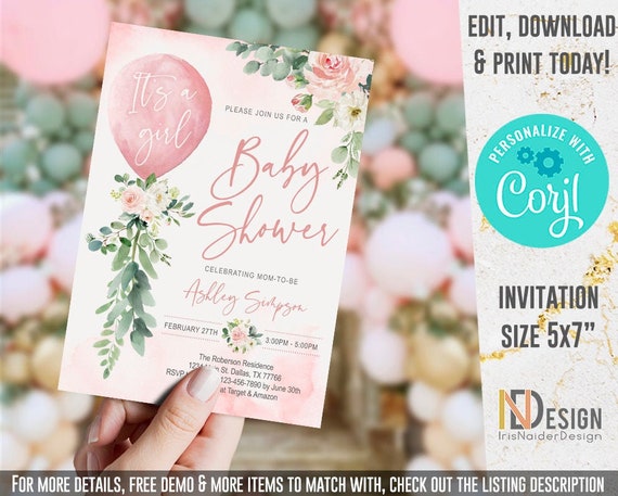 EDITABLE Balloon baby shower invitation, set, girl, Greenery balloon baby shower, floral, blush, eucalyptus, printable, digital, INSTANT Il_570xn