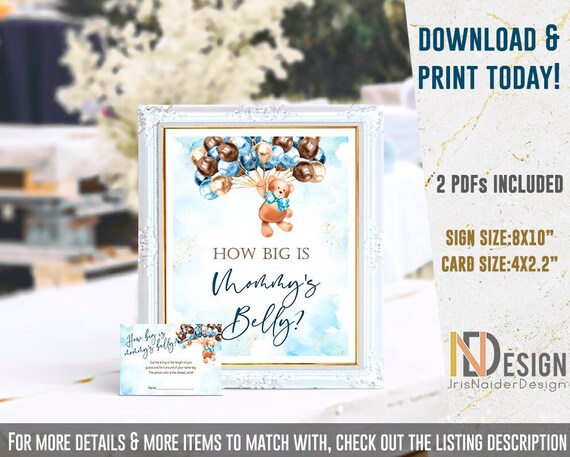 How big is mommy's belly game sign and card, Teddy Bear baby shower, game, printable, boy, NON-EDITABLE, INSTANT Download Il_570xn