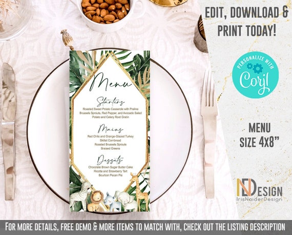 EDITABLE Safari baby shower Menu, baby shower, Jungle, geometric, green, gold, boy, printable, digital file, INSTANT download Il_570xn
