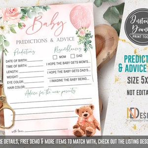 EDITABLE Teddy bear baby shower invitation girl, oh boy baby shower invitation, set, Welcome, greenery, foliage, floral, printable, DIGITAL PREDICT+ADVICE CARD