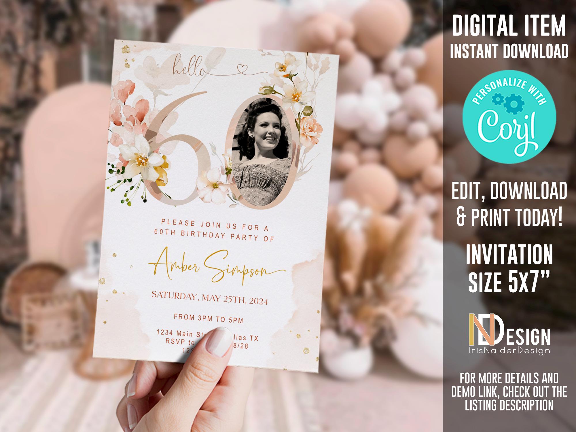 60th Birthday Invitation With Photo, Pink Blush, Invite for Ladies, Dinner  Party, Gold, Wild Flowers, Floral, Digital, Printable, Editable - Etsy, image size:2000x1500