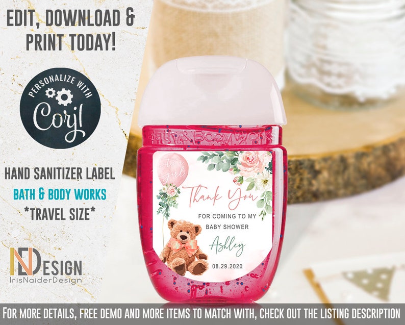 EDITABLE Teddy bear baby shower invitation girl, oh boy baby shower invitation, set, Welcome, greenery, foliage, floral, printable, DIGITAL HAND SANITIZER LABEL