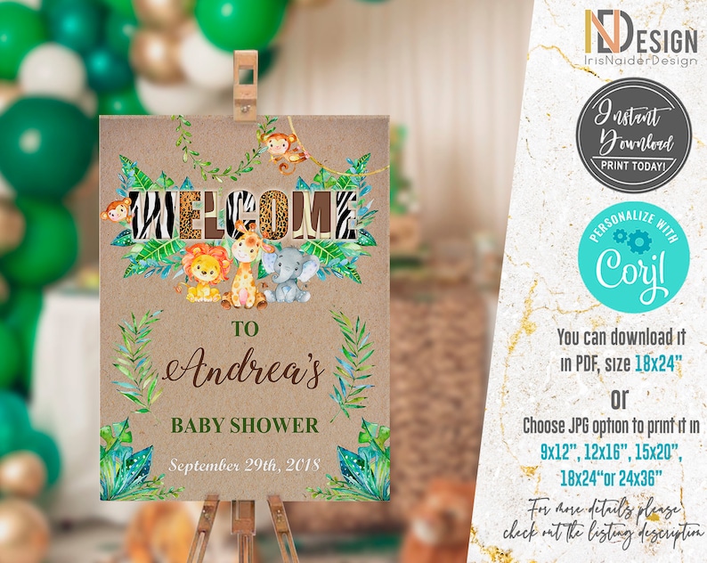 EDITABLE Safari Baby Shower Invitation boy, Jungle baby shower invitation, Elephant invitation, monkey, giraffe, lion, DIGITAL, template WELCOME SIGN