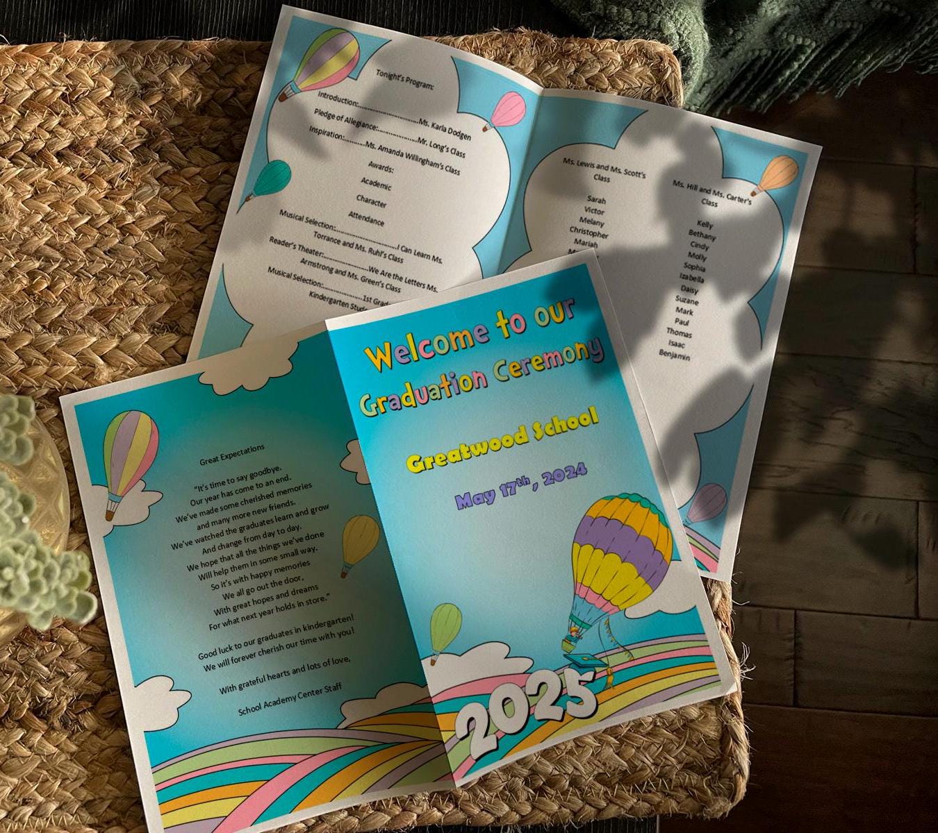 2025 GRADUATION CEREMONY Program, hot air balloon, adventure awaits, kinder, Any Grade, pre-k, 1st, 2nd, 3rd, 4th, 5th, Heading Not Editable