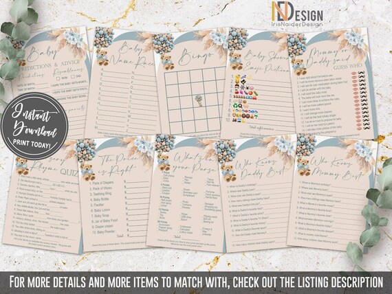 Boho Teddy Bear Baby Shower Game set, 10 games, pampas grass, balloon, dusty blue, templates, NOT editable, digital, PDF, INSTANT Il_570xn