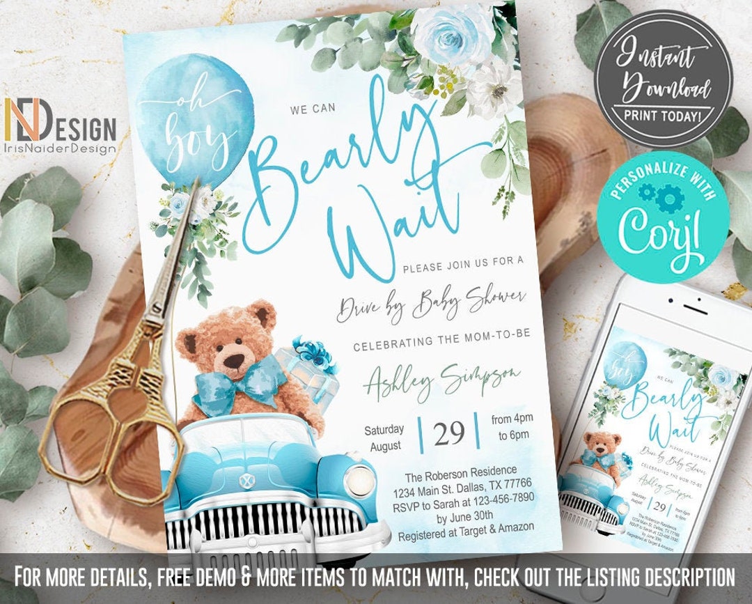 EDITABLE Teddy Bear Drive by Baby Shower Invitation Boy Oh Etsy