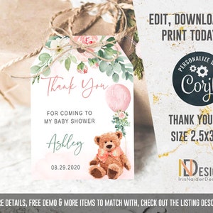 EDITABLE Teddy bear baby shower invitation girl, oh boy baby shower invitation, set, Welcome, greenery, foliage, floral, printable, DIGITAL THANK YOU TAG