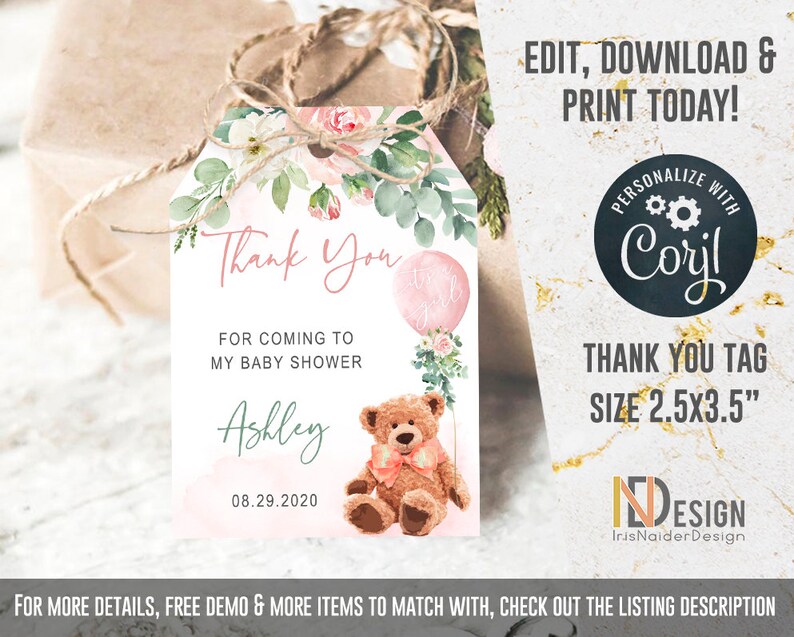 EDITABLE Teddy bear baby shower invitation girl, oh boy baby shower invitation, set, Welcome, greenery, foliage, floral, printable, DIGITAL THANK YOU TAG