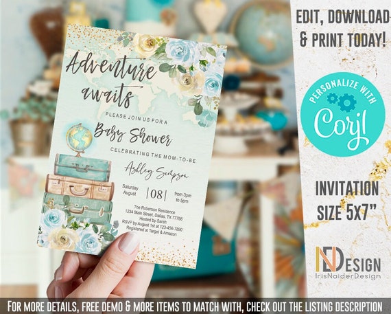 EDITABLE World map baby shower invitation, travel, adventure awaits, suitcase, globe, boy, floral, printable, template, instantt, WMB Il_570xn