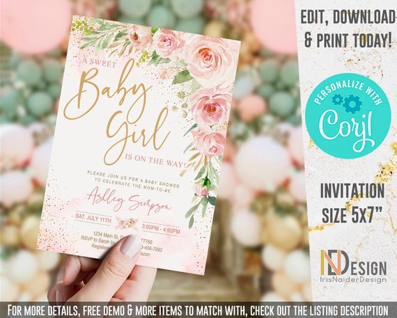EDITABLE Blush Pink Baby Shower Invitation girl, pink floral, sweet baby girl, watercolor, printable, digital, template, INSTANT, FBG Il_570xn