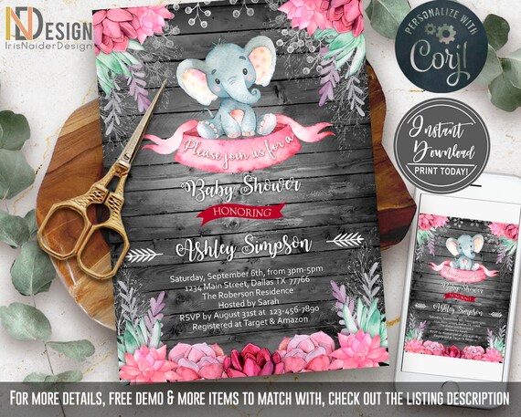 Elephant Baby Shower Invitation Girl, Safari, Elephant boho watercolor invitation, Little peanut, digital file, set, template, Welcome sign Il_570xn