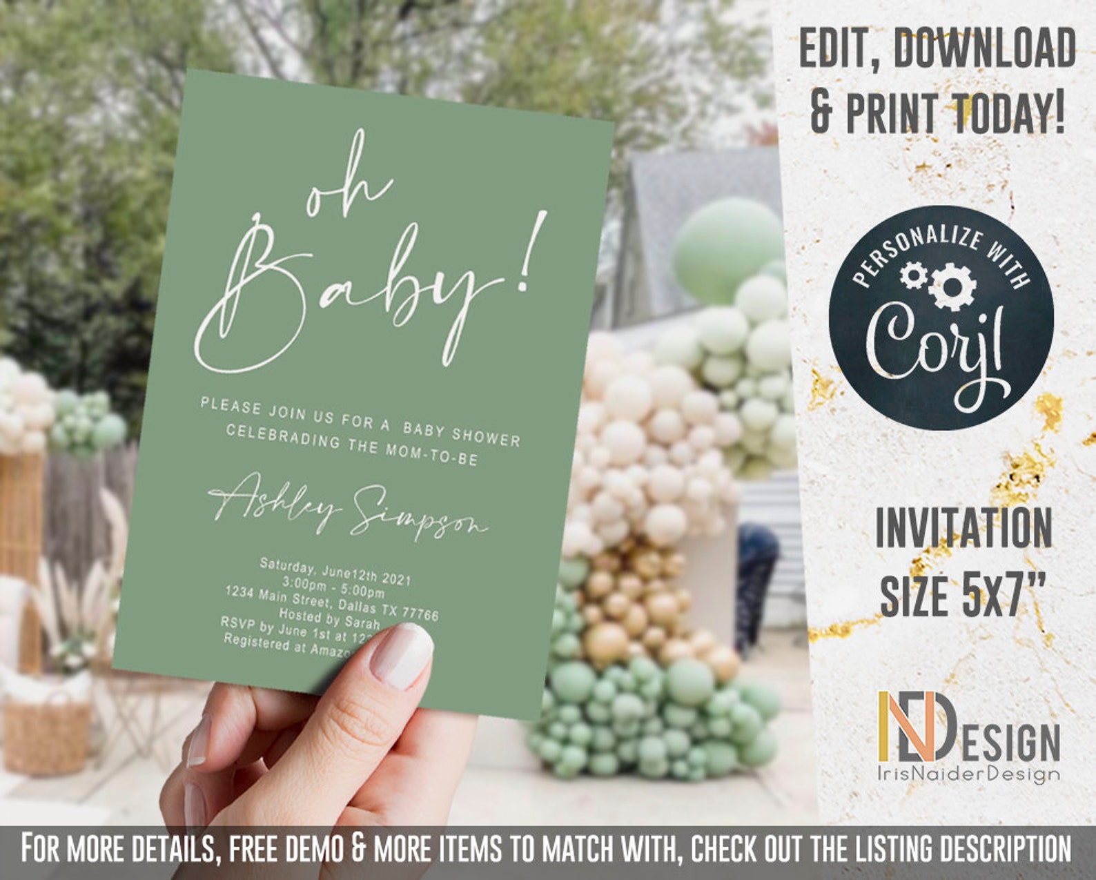 EDITABLE Sage Green Baby Shower Invitation modern neutral Etsy