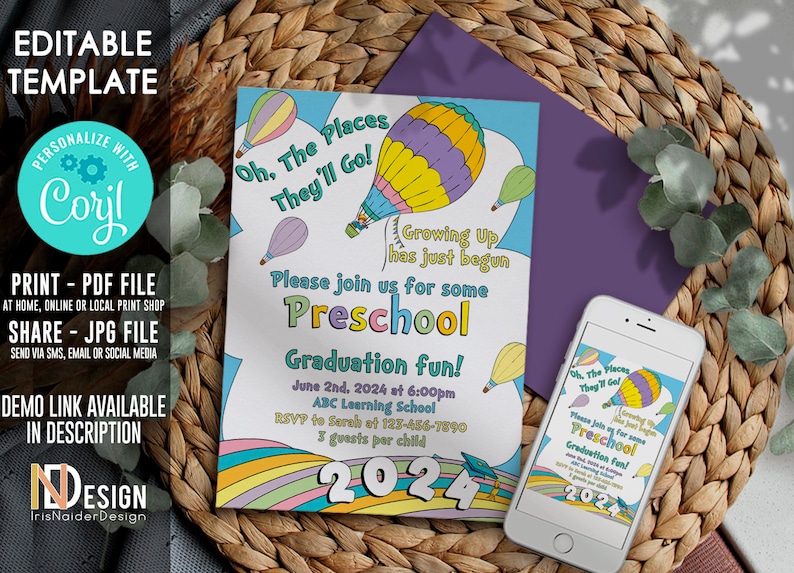 Editable Graduation invitation, 2024, DIGITAL, Pre-k, kindergarten, Preschool, rainbow, pastel colors, neutral, PRINTABLE, Corjl PRESCHOOL 2024 INVT.