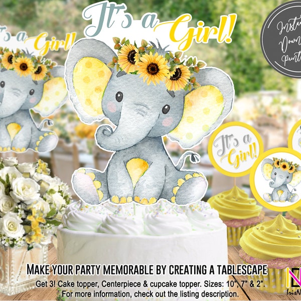 Elephant centerpiece, cake topper, cupcake topper, baby shower decoration, girl, little peanut, printable, instant download, digital file