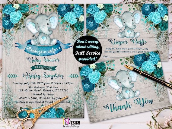Elephant Baby Shower Invitation boy, Safari Invitation Boy, Elephant watercolor invitation,Little peanut Baby shower set,turquoise,printable Il_570xn