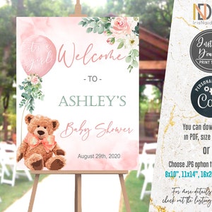 EDITABLE Teddy bear baby shower invitation girl, oh boy baby shower invitation, set, Welcome, greenery, foliage, floral, printable, DIGITAL WELCOME SIGN