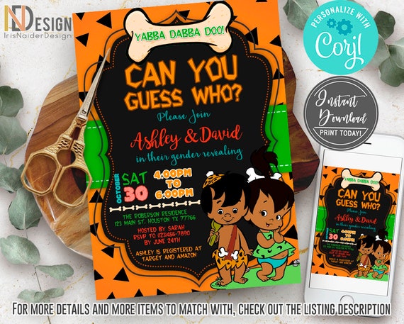 EDITABLE The Flintstones gender reveal, African American gender reveal, Pebbles Invitation, Flintstones Invitation, gender reveal, Bam Bam Il_570xn