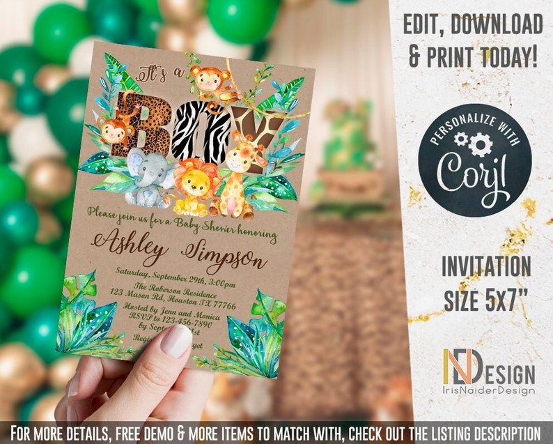 EDITABLE Safari Baby Shower Invitation boy, Jungle baby shower invitation, Elephant invitation, monkey, giraffe, lion, DIGITAL, template INVITATION