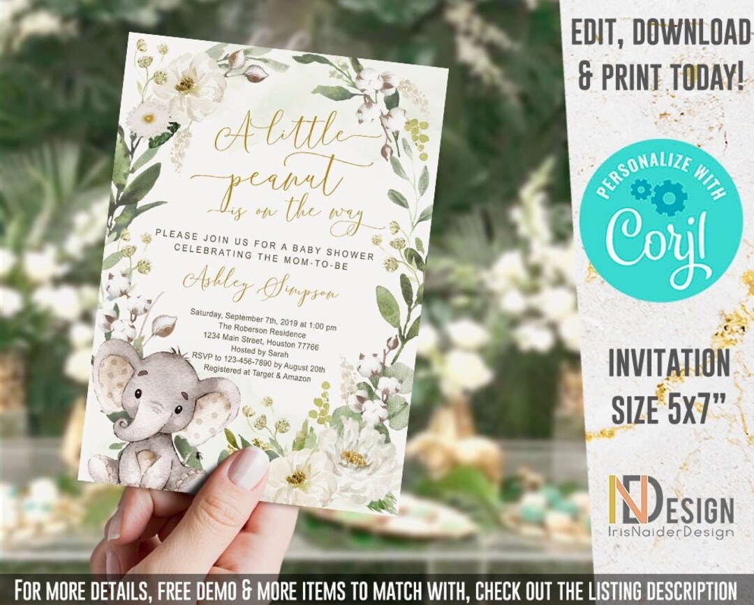 Einladungskarten Babyparty – Elefanten-Design, Grün, Neutral Für Jungen/Mädchen, Safari-Dschungel-Motto