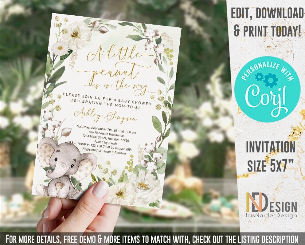 Einladungskarten Babyparty – Elefanten-Design, Grün, Neutral Für Jungen/Mädchen, Safari-Dschungel-Motto