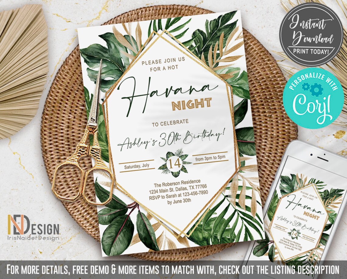 Havana Nights EDITABLE Birthday Invitation Foliage | Etsy