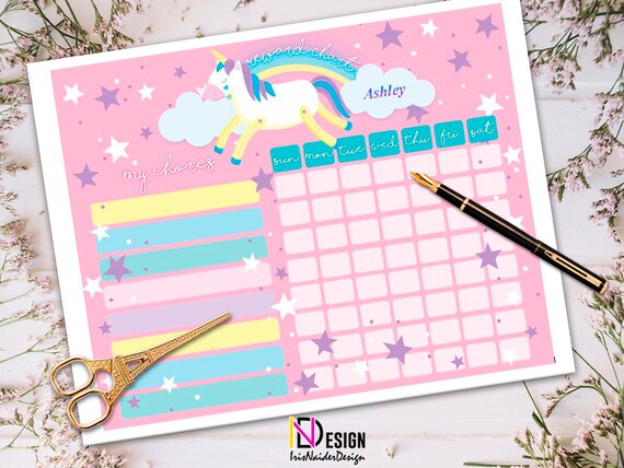 Unicorn chore chart, unicorn reward chart, weekly chart, behavior chart, printable reward chart, instant download, chore chart for girls Il_570xn