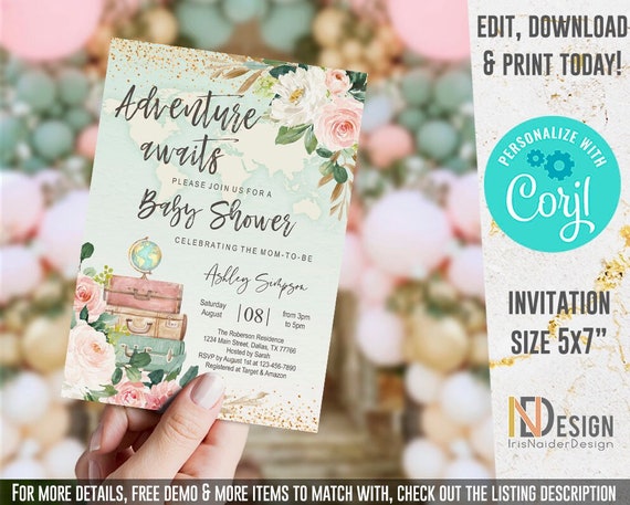 EDITABLE World map baby shower invitation, travel, adventure awaits, suitcase, globe, girl, floral, printable, template, instant download Il_570xn