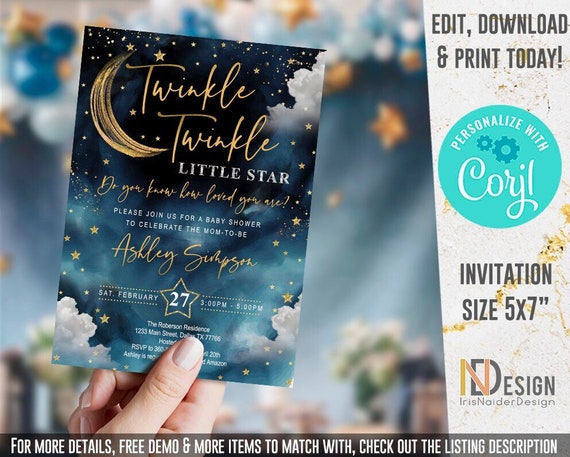 EDITABLE Twinkle little star baby shower invitation, set, sky, stars, printable, digital, template, welcome sign, space, INSTANT Download Il_570xn