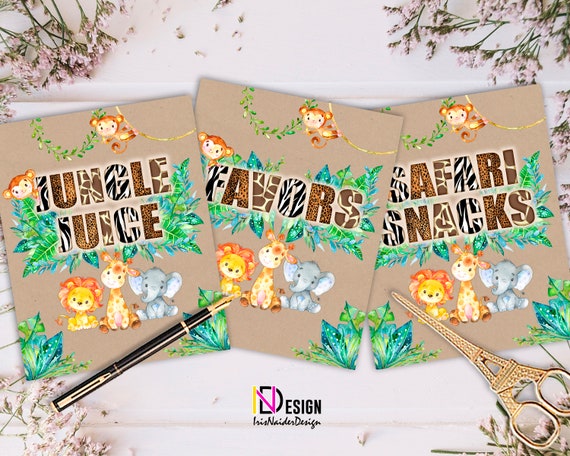 Safari table sign, Jungle table sign, baby shower signs, animals table sign, snack sign, juice sign, favors sign, template, printable Il_570xn