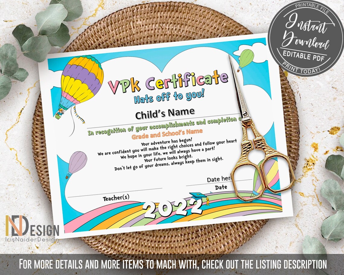 VPk Diploma 2022 Certificate rainbow pastel colors VPK - Etsy México