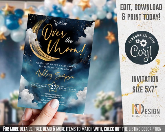 EDITABLE Over the moon baby shower invitation, set, sky, stars, printable, digital, template, welcome sign, space, galaxy, INSTANT Download Il_570xn