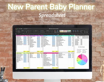 May include: A computer monitor displaying a spreadsheet titled "New Parent Baby Planner Spreadsheet". The spreadsheet is divided into sections with colorful headings and includes a pie chart titled "New Baby Budget".