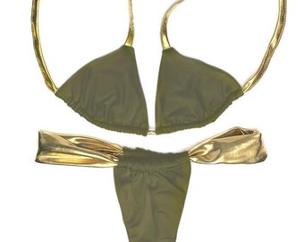 Adjustable Green Bikini with Gold Metallic Straps - Olive Two Piece - Bikini Set