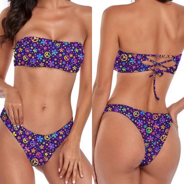 Hippie Bandeau Bikini Set - Bathing Suit Women - Purple Cheeky Swimsuit