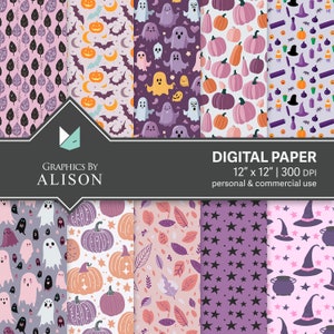 Halloween Ghosts, Pumpkins, Stars, Witch, Autumn Leaves Bundle: Purple, Pink & Orange - Digital Scrapbook Paper Pack Commercial Use Download