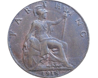 1918 farthing Coin featuring Britannia from the United kingdom, Perfect for Birthdays ,Anniversary and within Jewellery