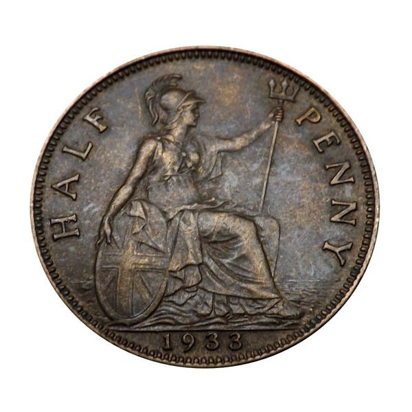 1933 Half Penny Coin With Britannia, King George V from the United kingdom, Perfect for Birthdays ,Anniversary and within Jewellery