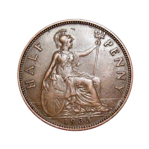 1935 Half Penny Coin With Britannia, King George V from the United kingdom, Perfect for Birthdays ,Anniversary and within Jewellery
