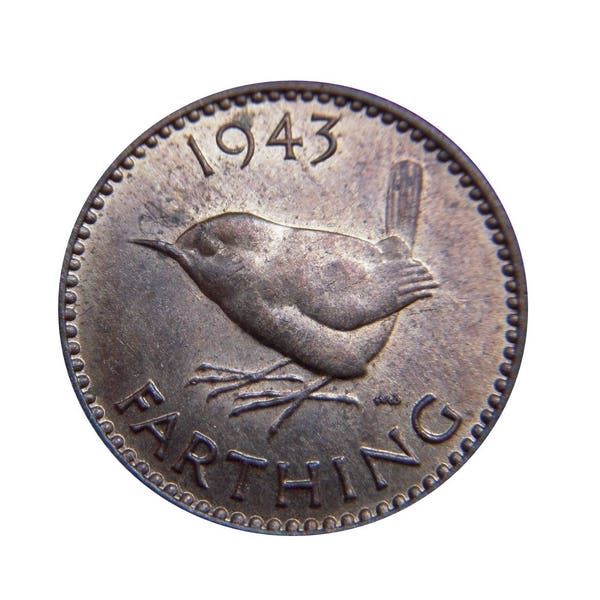 1943 farthing Coin With a Wren from the United kingdom, Perfect for Birthdays ,Anniversary and within Jewellery