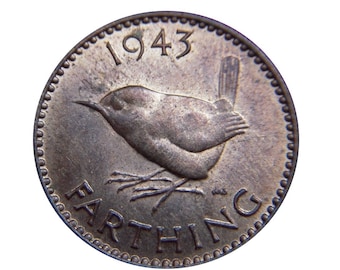 1943 farthing Coin With a Wren from the United kingdom, Perfect for Birthdays ,Anniversary and within Jewellery