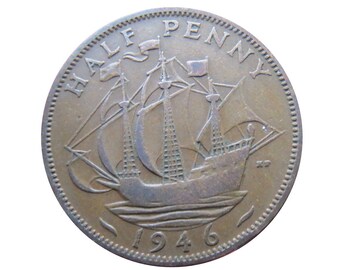 1946 Half Penny Coin With Ship (Golden Hind), King George VI from the United kingdom, Perfect for Birthdays ,Anniversary and Jewellery