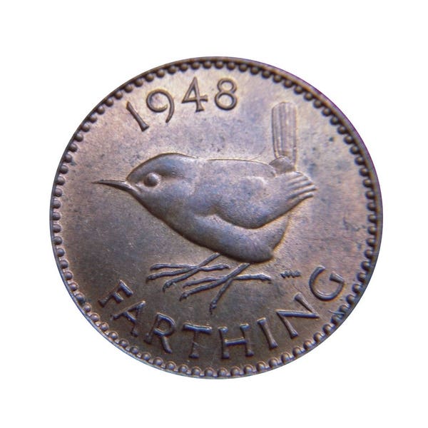 1948 farthing Coin With a Wren from the United kingdom, Perfect for Birthdays ,Anniversary and within Jewellery