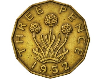 Brass Threepence coin 1952 Nickel Brass, ideal gift or for jewellery or craftmaking projects. United kingdom