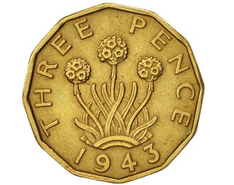 Brass Threepence coin 1943 Nickel Brass, ideal gift or for jewellery or craftmaking projects. United kingdom