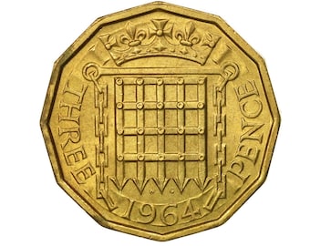 Brass Threepence coin 1964 United kingdom Nickel Brass, ideal gift or for jewellery or craft making projects. Queen Elizabeth 2nd