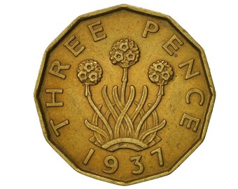 Brass Threepence coin 1937 Nickel Brass, ideal gift or for jewellery or craftmaking projects. United kingdom