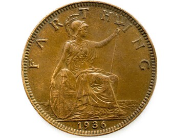 1936 farthing Coin featuring Britannia from the United kingdom, Perfect for Birthdays ,Anniversary and within Jewellery