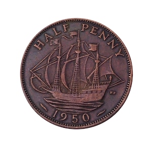 1950 Half Penny Coin With Ship (Golden Hind), King George VI from the United kingdom, Perfect for Birthdays ,Anniversary and Jewellery